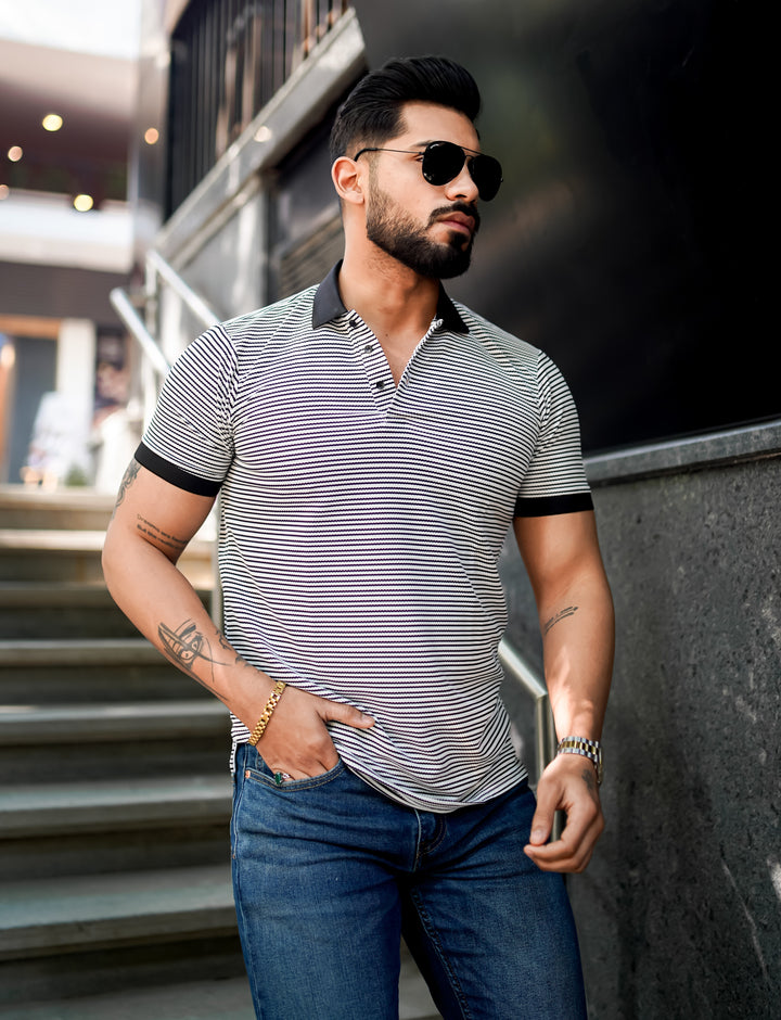 Black Ember Luxe Striped Polo T-Shirt For Men