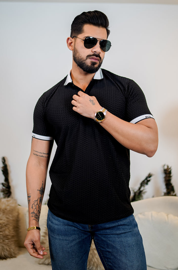 Textured Luxe Black Polo T Shirt - Tailored Fit