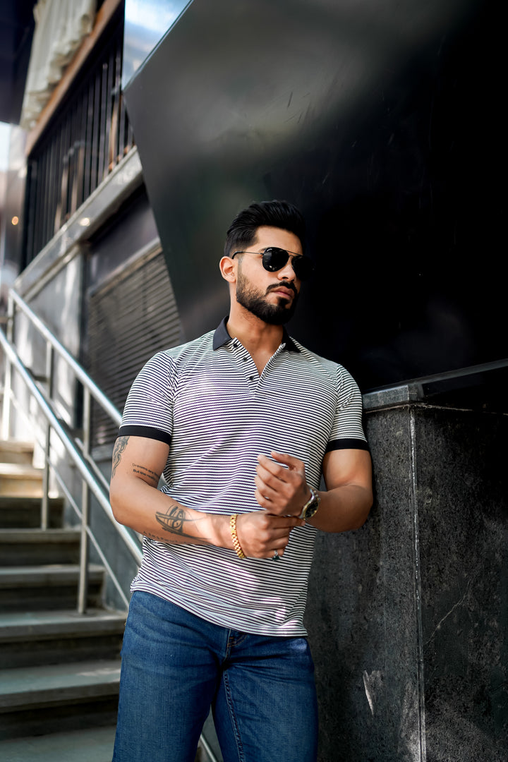 Black Ember Luxe Striped Polo T-Shirt For Men