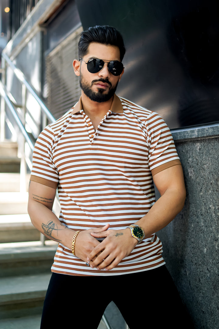 Brown Striped Half Sleeve Premium Polo T-Shirt