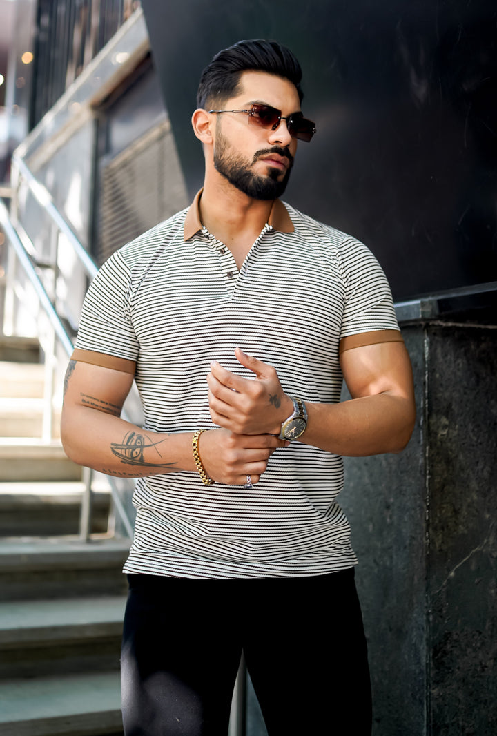 Sandstone Luxe Striped Polo T-Shirt