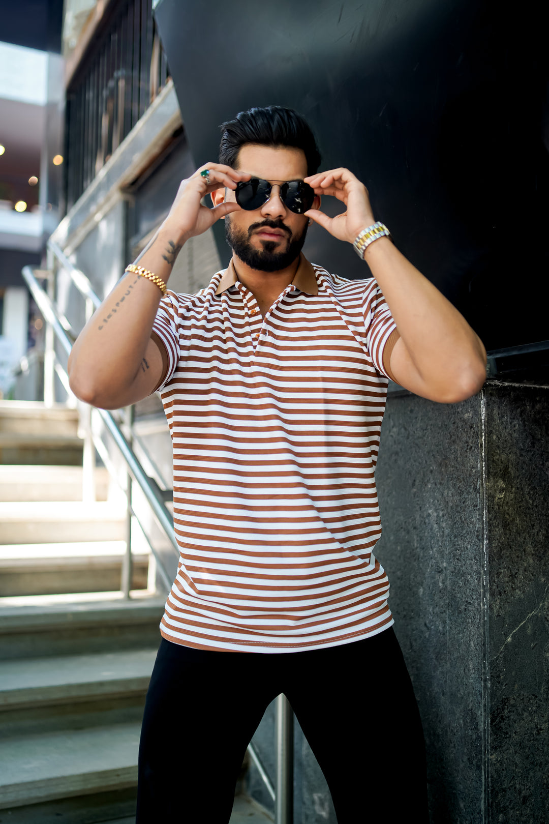 Brown Striped Half Sleeve Premium Polo T-Shirt