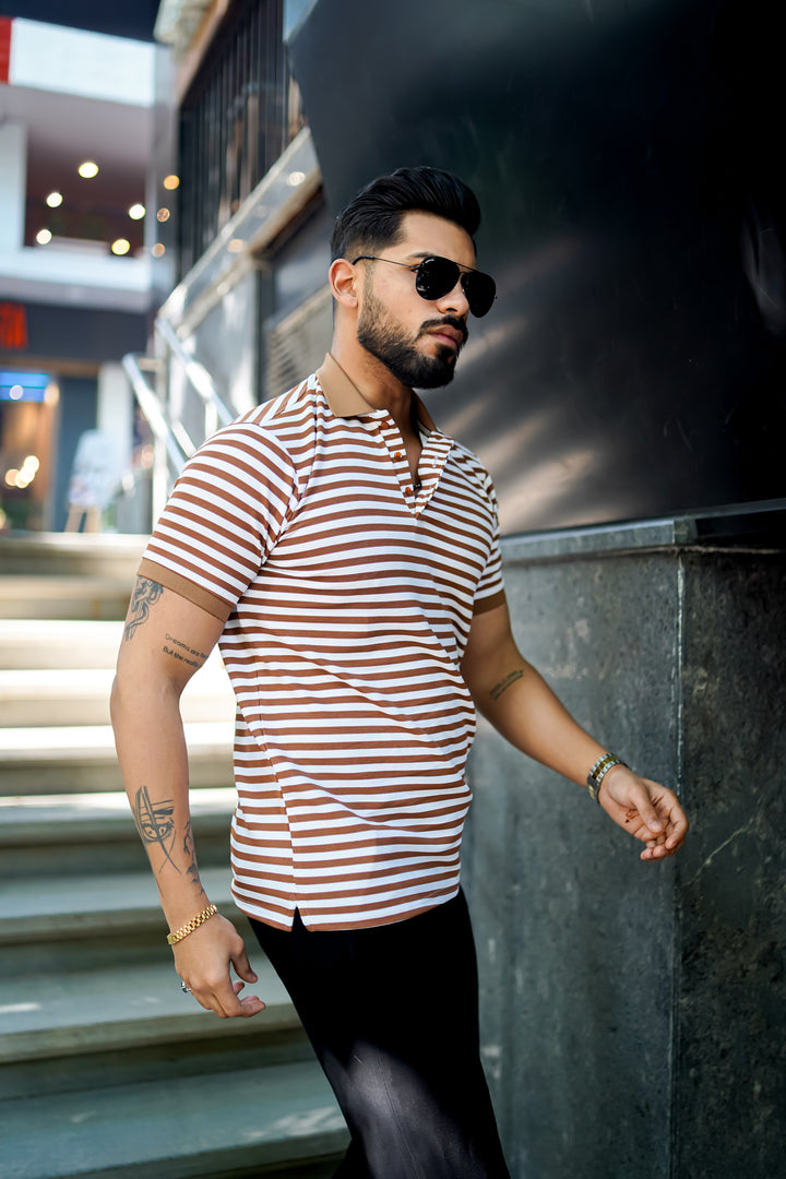 Brown Striped Half Sleeve Premium Polo T-Shirt