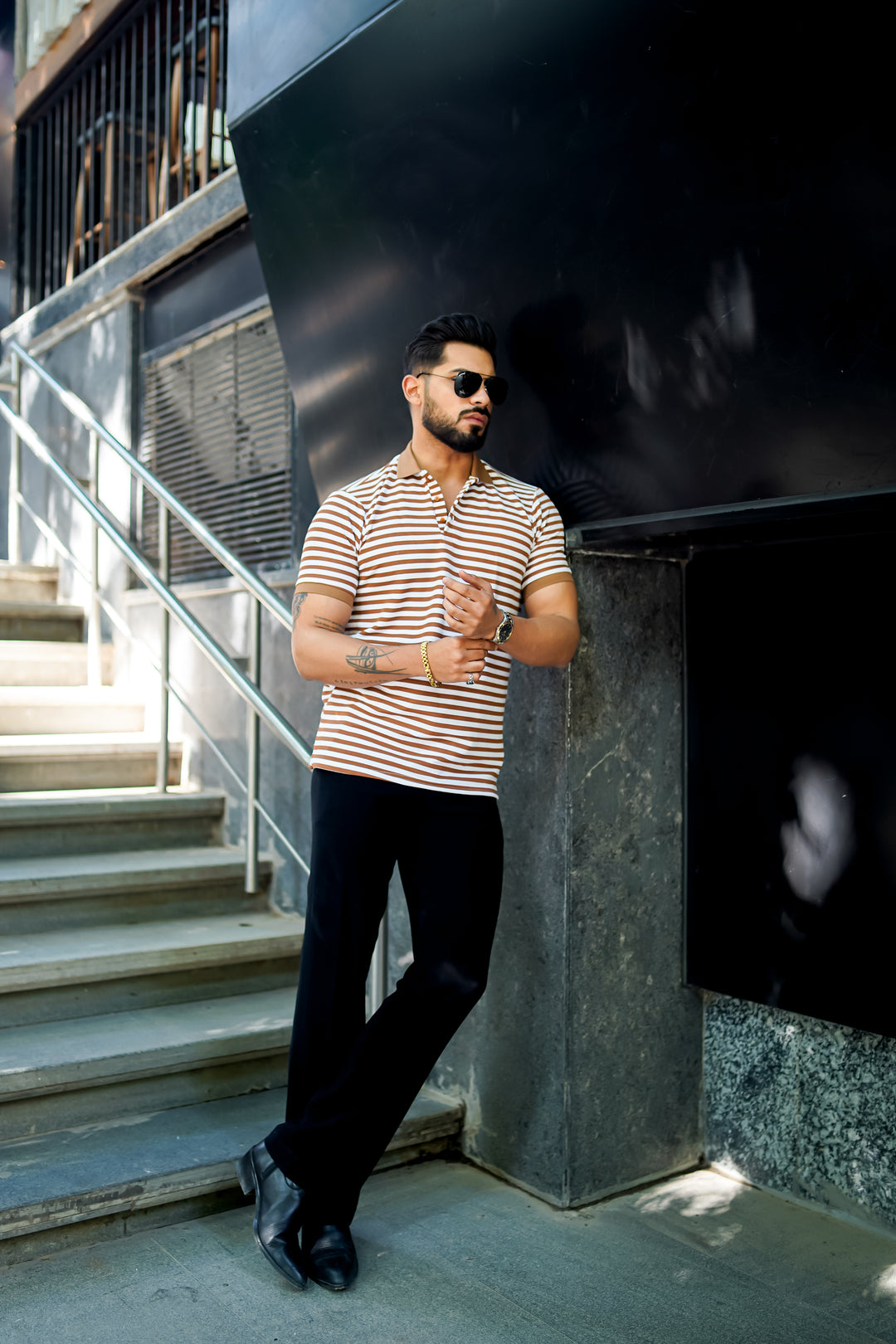 Brown Striped Half Sleeve Premium Polo T-Shirt