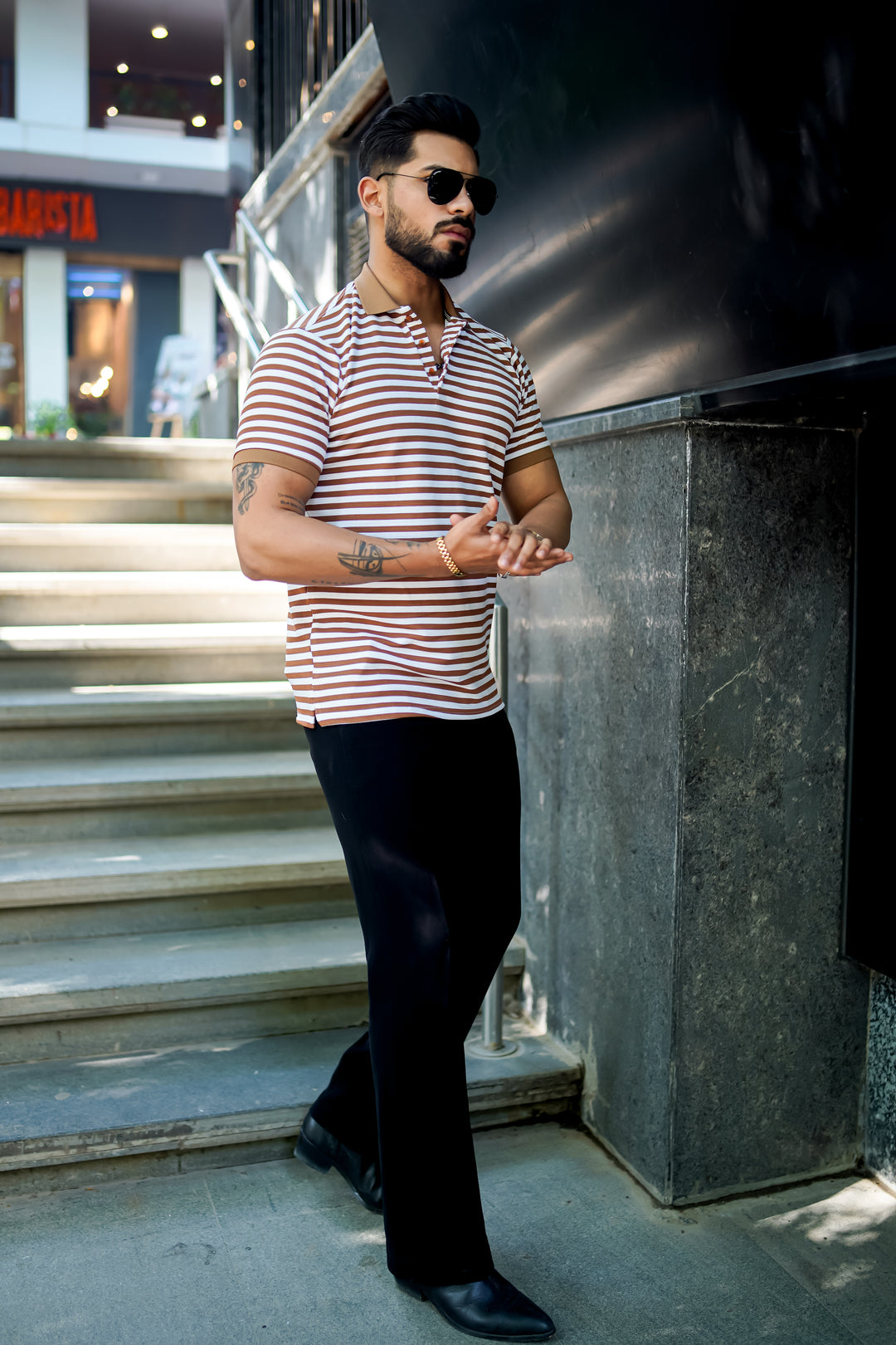 Brown Striped Half Sleeve Premium Polo T-Shirt