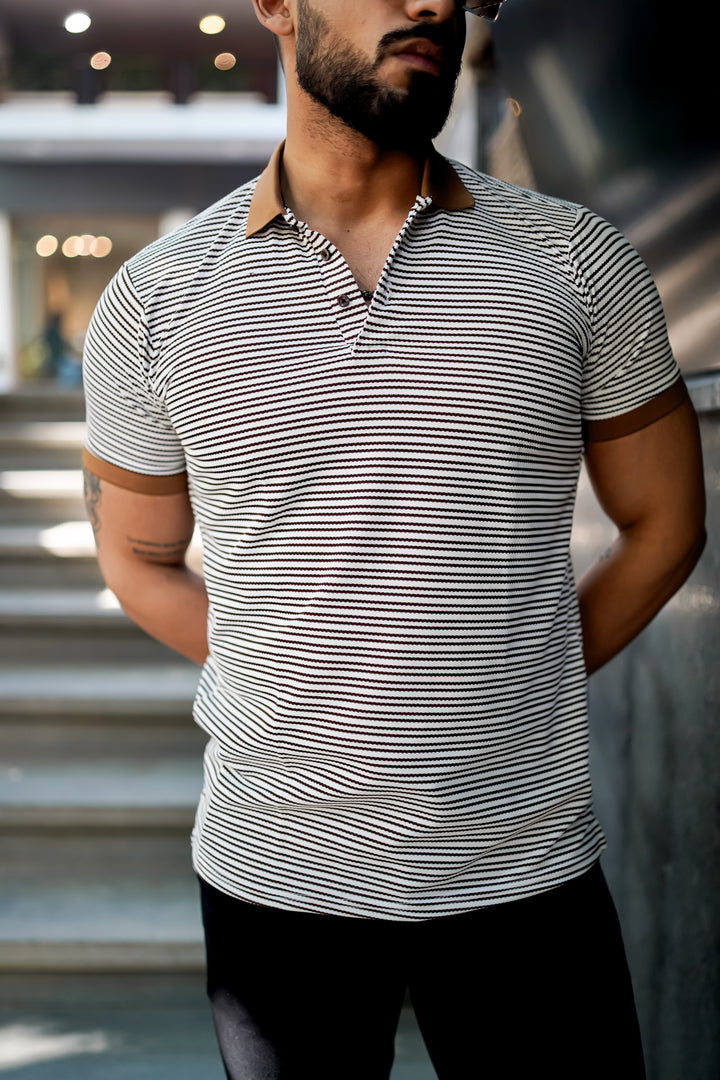 Sandstone Luxe Striped Polo T-Shirt