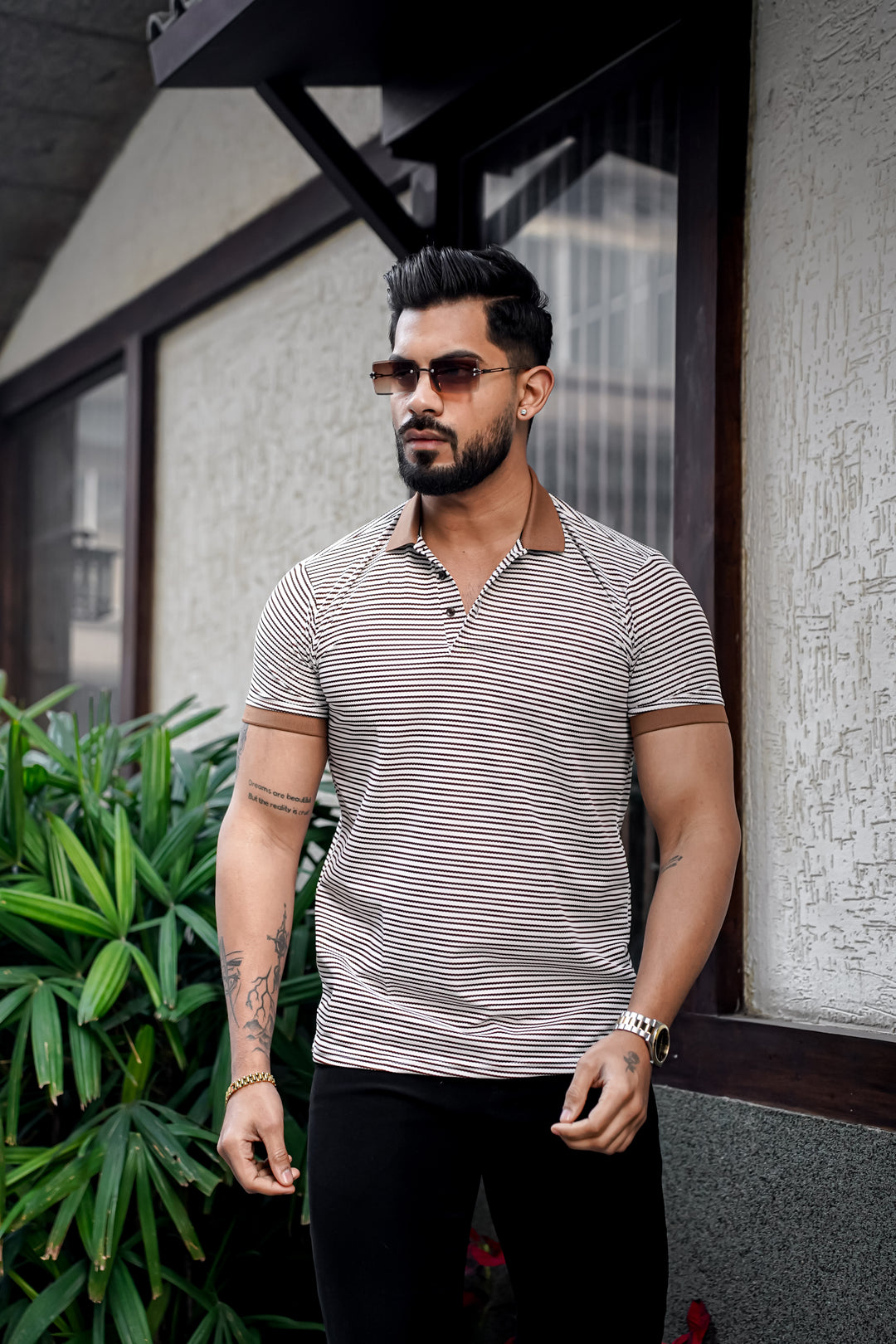 Cocoa Brown Luxe Striped Polo T-Shirt