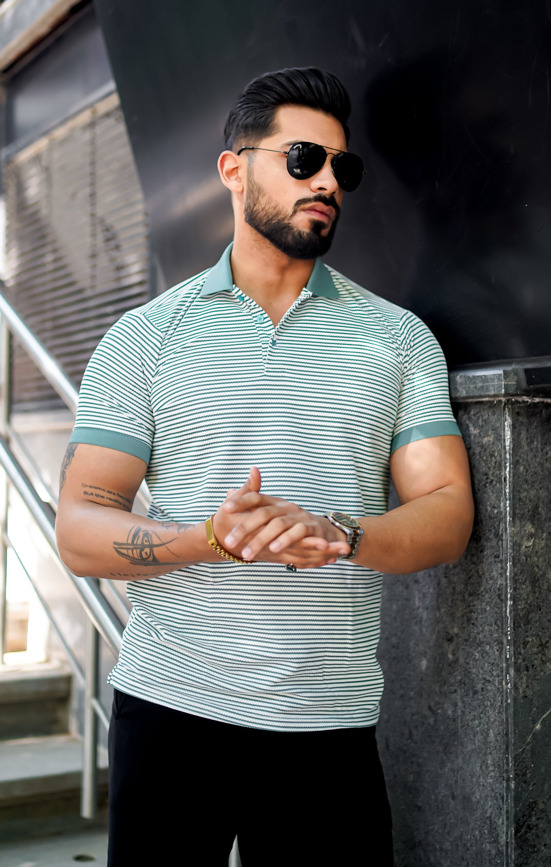 Mint Frost Luxe Striped Polo T-Shirt