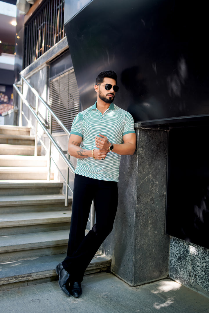 Mint Frost Luxe Striped Polo T-Shirt