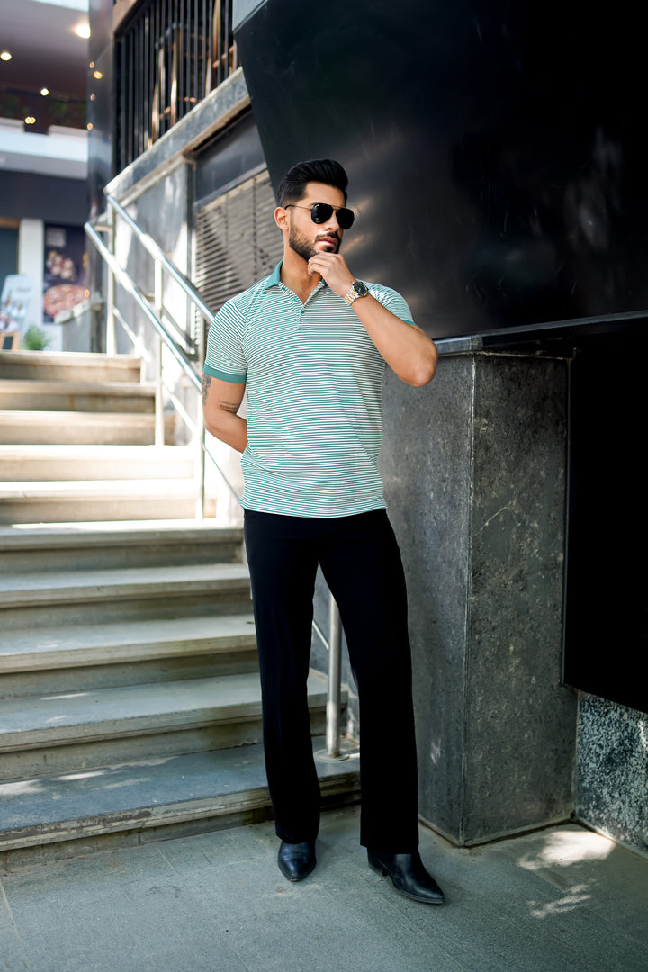 Mint Frost Luxe Striped Polo T-Shirt