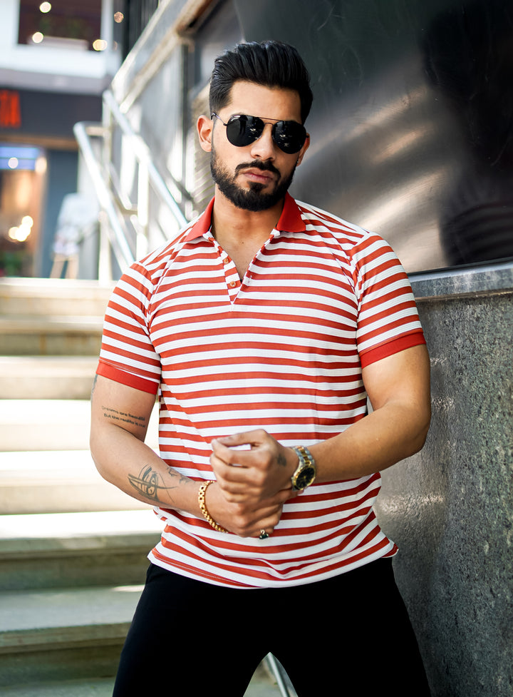 Orange Striped Half Sleeve Premium Polo T-Shirt