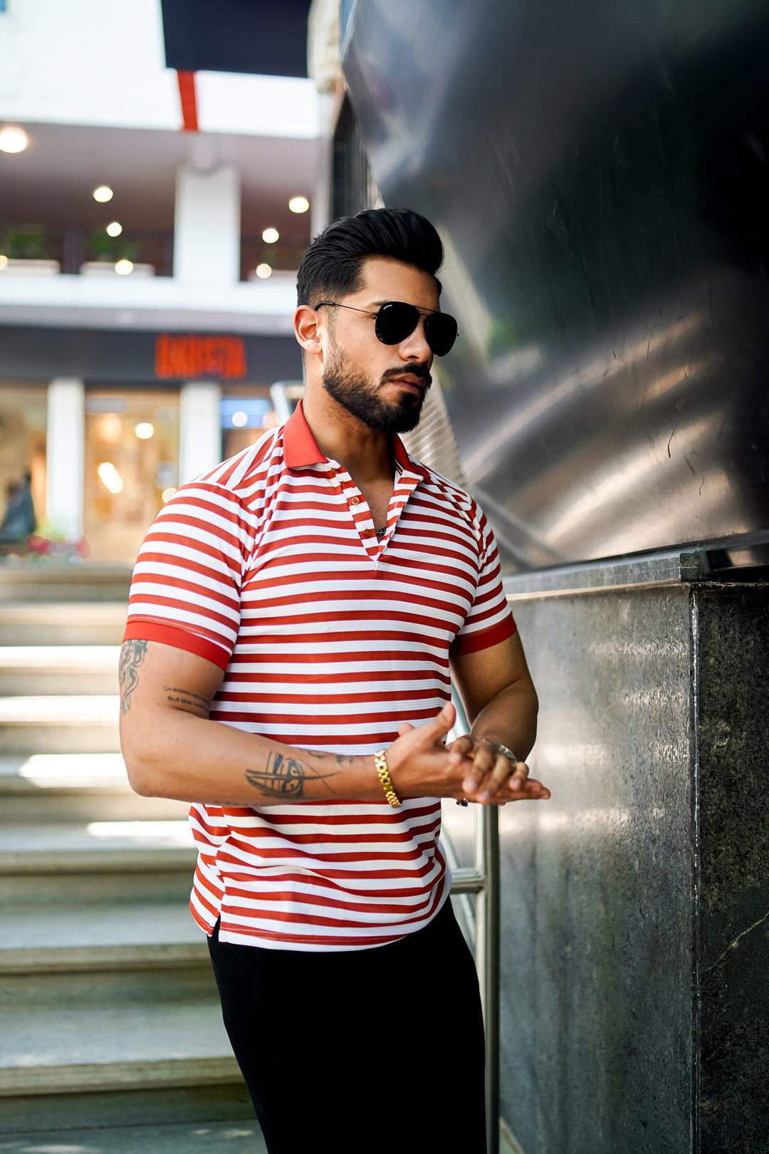 Orange Striped Half Sleeve Premium Polo T-Shirt