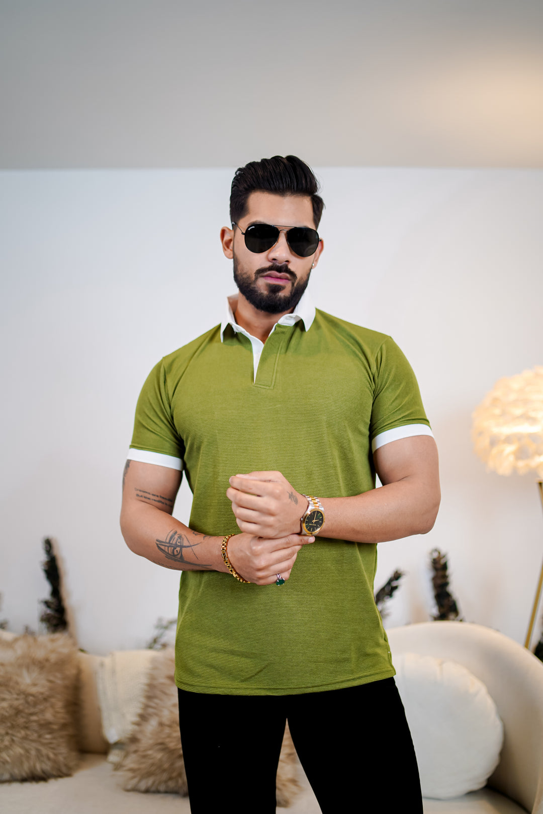 Weffi Olive Textured Polo T-Shirt