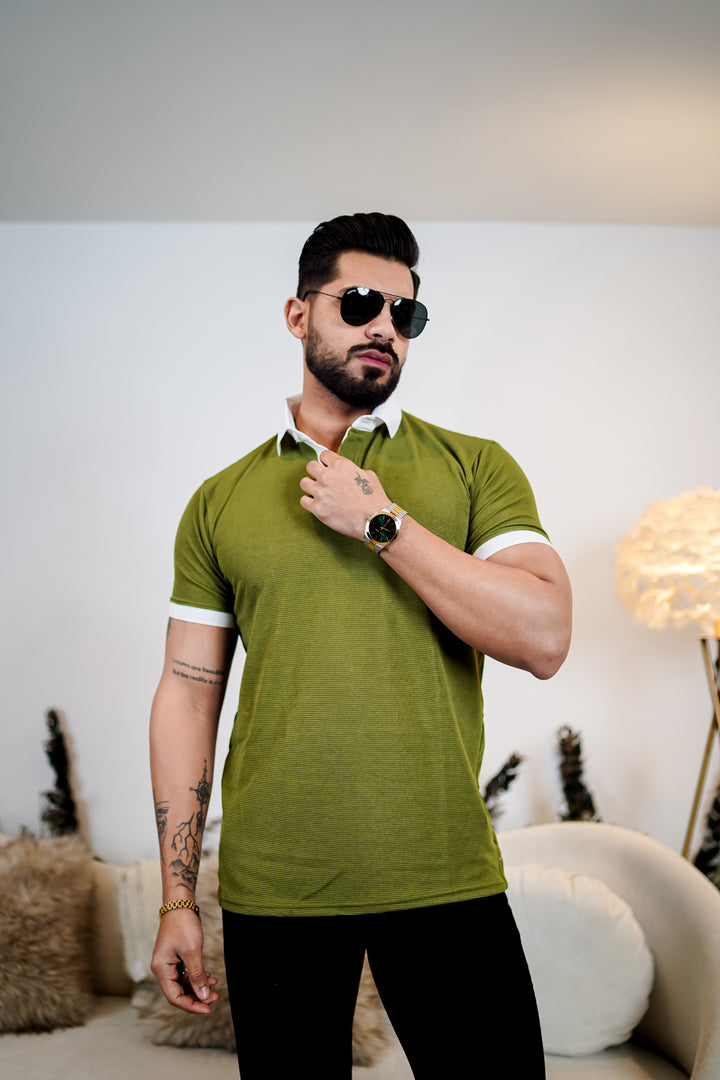 Weffi Olive Textured Polo T-Shirt