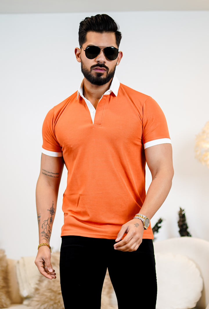 Weffi Orange Textured Polo T-Shirt