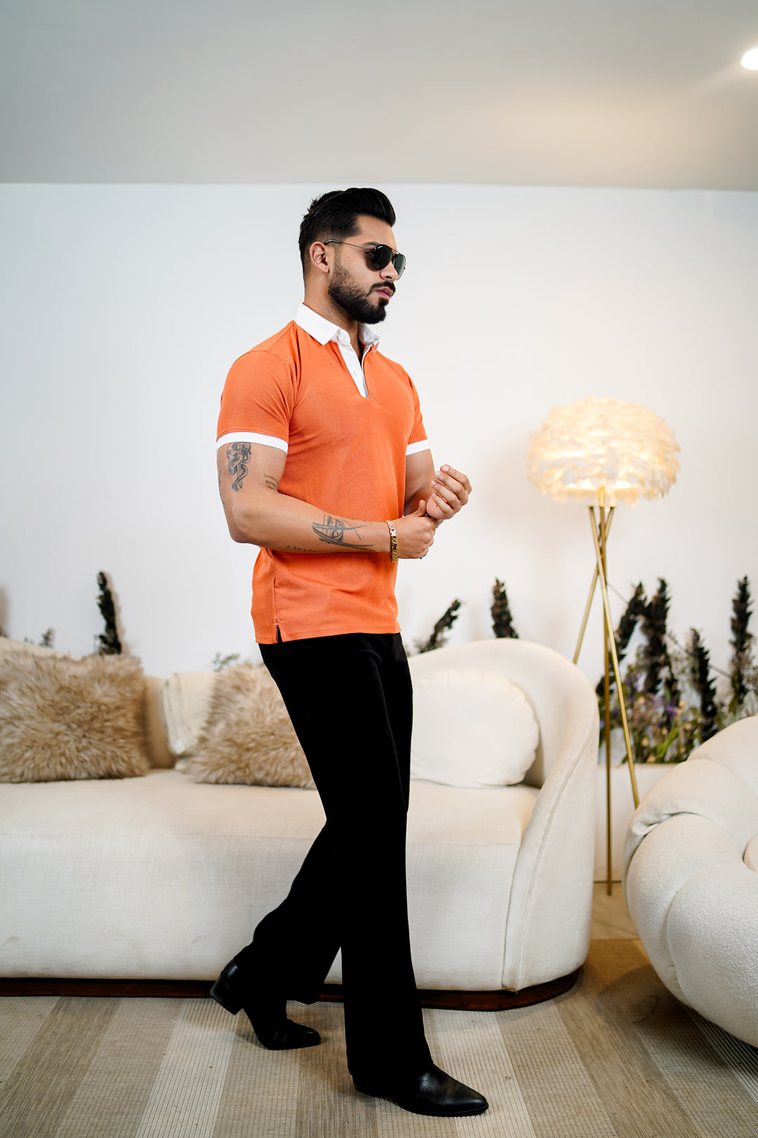 Weffi Orange Textured Polo T-Shirt