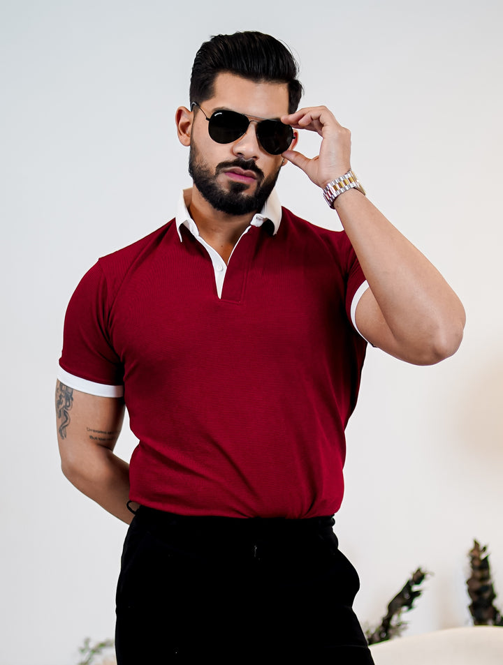 Weffi Red Textured Polo T-Shirt